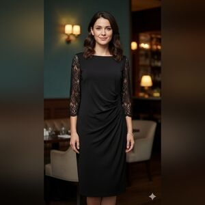 Laura Jeffries Black Cocktail Dress Lace Sleeves Size 18 (Measures Like A L/12)